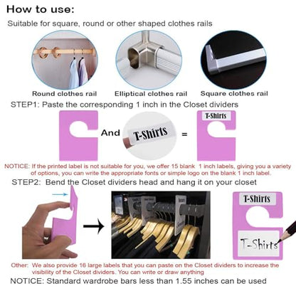 32 Pack White Clothing Rack Size Dividers Plus 75 Labels (1 Inch) and 30 Large Blank Labels, Large Rectangular Clothing Closet Dividers (Purple) - color: Purple, size: 32 PACK