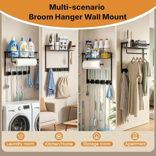 Broom Holder Wall Mount with Paper Towel Holder& Removable Anti-fall Basket