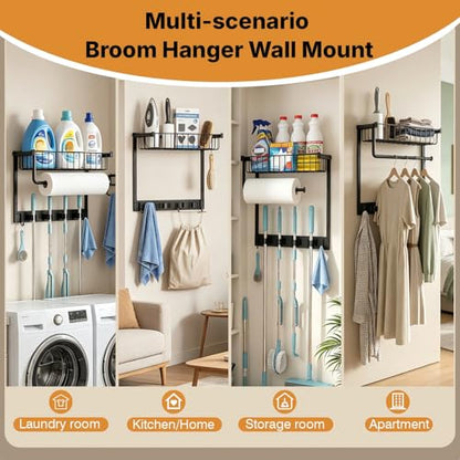 Broom Holder Wall Mount with Paper Towel Holder& Removable Anti-fall Basket