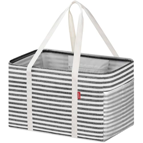 LHZK Standing Utility Tote Bag with Metal Wire Frame and the Sides Rinforced, Large Tote Bag with Handle, Reusable Grocery Bags Foldable, Beach Bag, Car Tote, Black, 18.5''x11.8''x11.5'' - color: Black/White, size: 18.5''x11.8''x11.5''-1 Pack