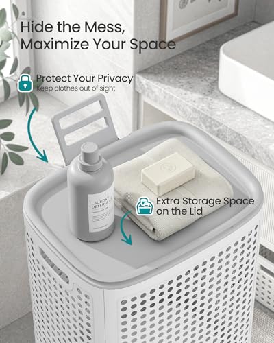 SONGMICS Laundry Hamper with Lid, 75 L Ventilated Basket, Cutout Handles - color: White + Gray, size: Lid