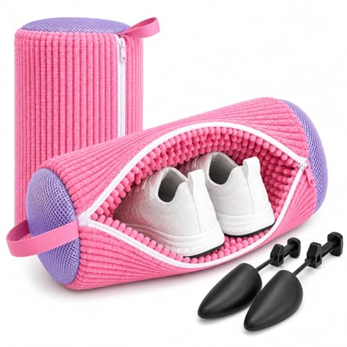 Shoe Washing Machine Bag (2 Pack), Shoe Bag for Washing Machine with Microfiber Scrub Fibers, Self-Locking Zipper Protection, 2 Adjustable Shoe Trees, Sneaker Laundry Bag for Washer and Dryer