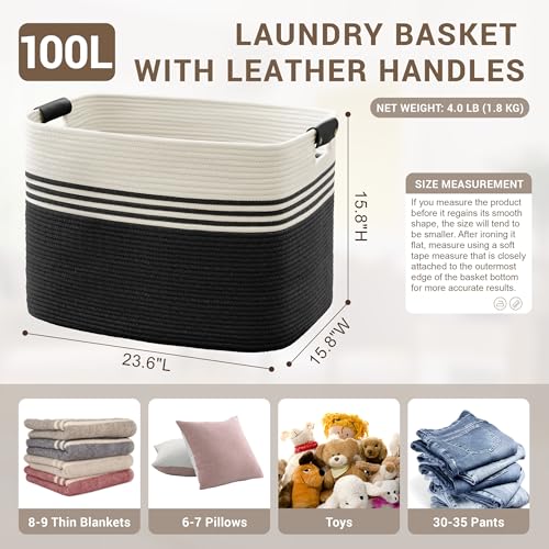 100L Large Woven Laundry Basket Hamper with Leather Handles,Black - color: Black, size: 100L