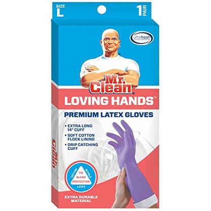 Mr. Clean, 243312 Loving Hands, Large Heat Resisting, Soft Cotton Flock Lining, Built in Freshness Protection, Non-Slip Diamond Grip Gloves, (L)