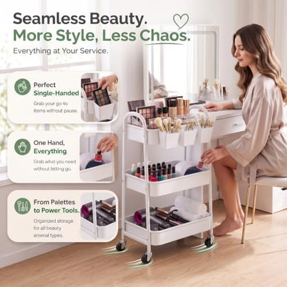 Heavy Duty 3 Tier Rolling Cart Metal with Wheels, White Three Tiered Shelf - color: Pure White