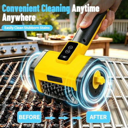 Electric Grill Brush,2-Speed Rechargeable BBQ Grill Cleaner, up to 160 min Runtime, 304 Stainless Steel Brush, LED Light, 2 Brush Heads Included, Most Outdoor Grill Grates - color: Yellow