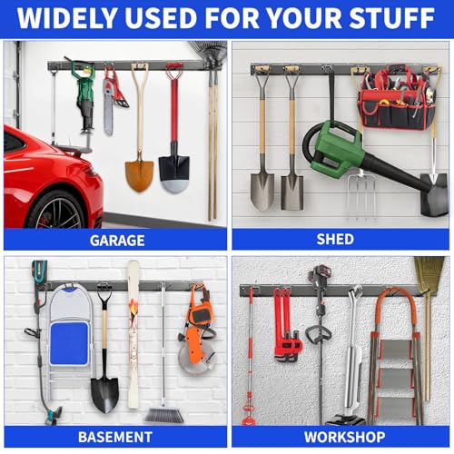 Garage Tool Organizer Wall Mount, 48 Inch Heavy Duty Garden Tool Organizer Storage System, Easy Install with 9 Adjustable Hooks, for Garage, Basement, Shed, Workshop, Black, Steel - size: 48" - 9 Hooks