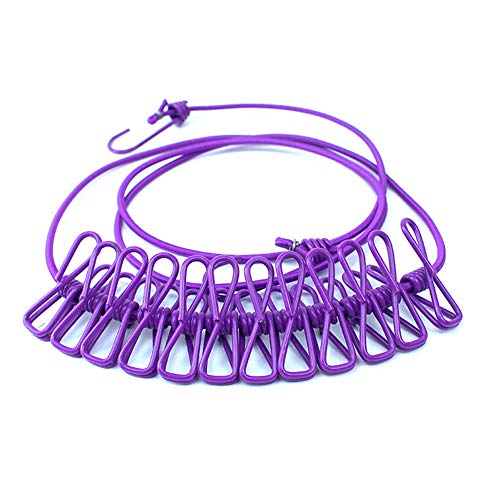 AKOAK 1 Pack Multi-Function Outdoor Home Clothesline Travel Portable Windproof Non-Slip Drying Rope 12 Clip (Purple) - color: Purple