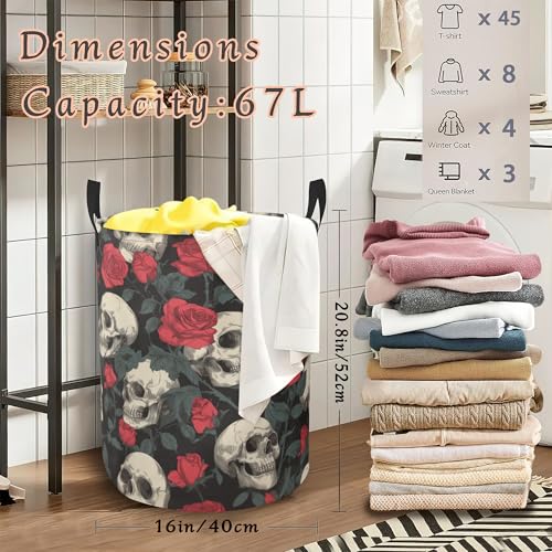Skull Head Laundry Basket,Rose Foldable Oxford Cloth Laundry Hamper with Handles Waterproof Dirty Clothes Storage Basket for Bathroom Bedroom Dorm Room 16" x 20.8" - color: Skull Head Rose