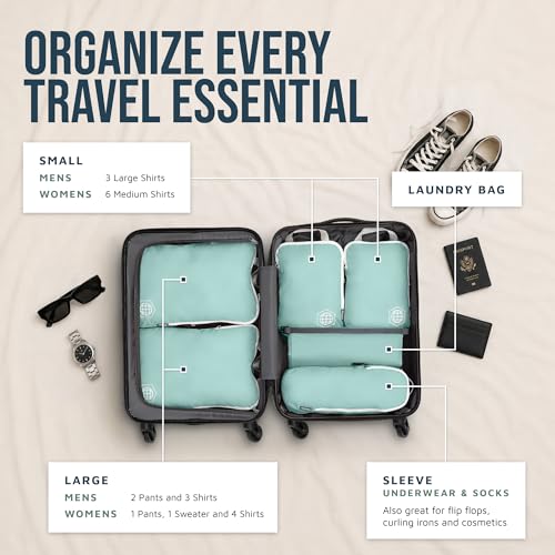 TRIPPED Travel Gear Compression Packing Cubes for Carry-On Travel 6-Pack - color: Dusty Teal and White, size: 6 Piece