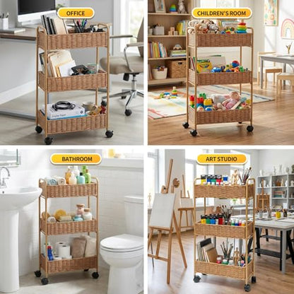 FOCHIER F Utility Slim Storage Cart,3-Tier Rolling Kitchen Office Laundry Room Cart,Mobile Shelving Unit Organizer for Living Room Bathroom Baby Diaper Narrow Places (Natural, 3 Tiers-7.1 inch (W)) - color: Natural