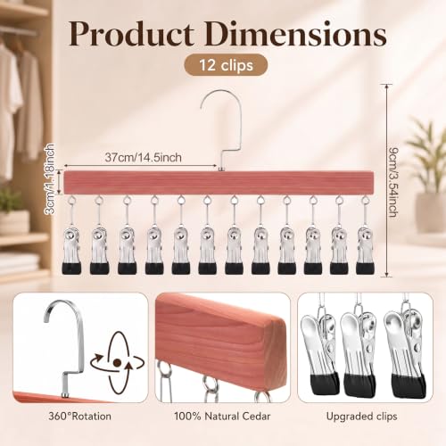 Novabright 2 Pack Cedar Hangers with 12 Clips, 360° Rotating Multi Clip Hangers for Closet, Wooden Hanging Space Saving Organizer for Leggings Pants Jeans Socks Hats Scarves Bras Accessories