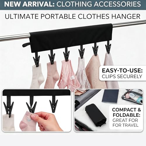 Mini Clothespins Travel Hangers 3-Pack: Foldable Portable Clothes Hangers w/ 6 Clips for Swimsuit, Towel & Sock Drying Rack - Cruise, Dorms, Travel (Black, Blue, Red) - color: Black, Blue, Red