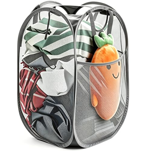 HOUSE AGAIN Strong Mesh Pop Up Laundry Hamper, 70L Collapsible Laundry Basket with Steel Frame, Double‑Stitched Handles & Side Pocket, Foldable Dirty Clothes Hamper for Dorm, Bedroom, Grey - color: Gray, size: 1-Pack