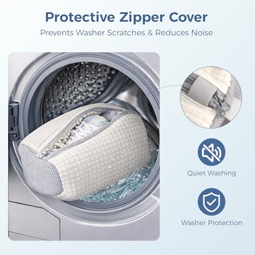 Shoe Washing Machine Bag for Sneakers, Double Compartment Shoe Laundry Bag with Chenille Microfiber, Durable Mesh Shoe Wash Bag for Washer & Dryer, Sneaker Cleaner for Running, Tennis & Kids Shoes - color: White