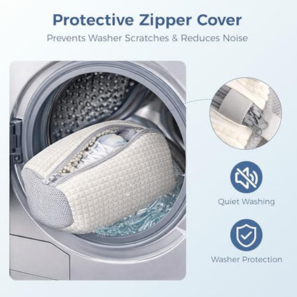 Shoe Washing Machine Bag for Sneakers, Double Compartment Shoe Laundry Bag with Chenille Microfiber, Durable Mesh Shoe Wash Bag for Washer & Dryer, Sneaker Cleaner for Running, Tennis & Kids Shoes - color: White