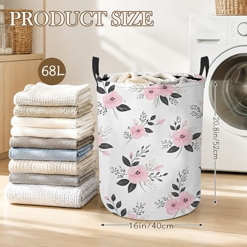 Pink Flower Laundry Hamper, Vintage Leaf Laundry Baskets, Waterproof Oxford Cloth for Room/Bathroom/Bedroom/Dormitories 16x20.8 Inch - color: Pink Flower