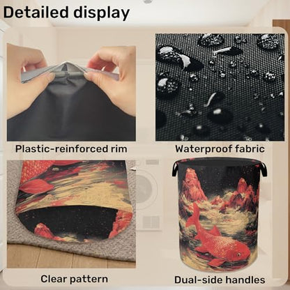 Japanese Style Red Fish Laundry Basket - Heavy Duty 60L Dirty Clothes Organizer, Water Resistant Foldable Hamper for Men Women - color: Japanese Style Red Fish