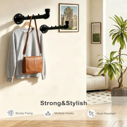 Industrial Wall Pipe Clothes Bar,Wall Mounted Closet Bar - color: Black 2 Pack