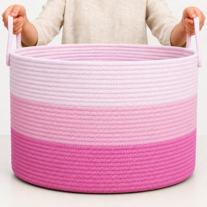 OrganiHaus Round Toy Basket & Blanket Basket, Cotton Rope 20x13" - color: 3-toned Pink, size: Wide
