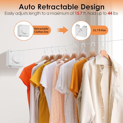 Yejay Retractable Clothesline Indoor, Non-Sagging Clothes Line Retracting Outdoors,Wall Mounted Heavy Duty Clothes Drying Line, Space-Saving Laundry Line for Balcony, Bathroom - 15.7Ft (White) - color: White