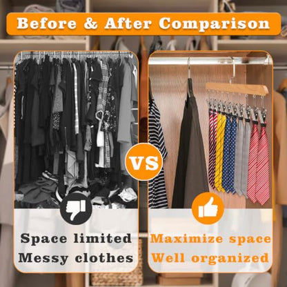2 Pack Wooden Closet Organizer with 10 Clips, Space Saving Hanging Clothes Hanger, Vintage Wood Clothespins for Jeans Skirts Scarves Hats Socks