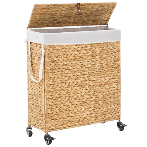 Slim Rolling Laundry Hamper with Lid and Wheels (Natural, 85L) - color: Natural/With Lid/85L