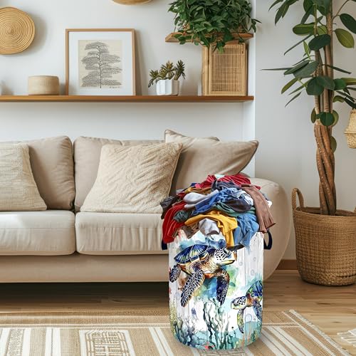 Ocean Sea Turtle Laundry Basket Oxford Cloth Foldable Hamper 18.9x16.5 Inch - color: Cute Blue Turtles Ocean Beach