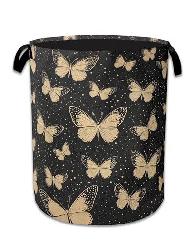 Golden Butterfly Laundry Basket,Foldable Waterproof Oxford Cloth Tote Bag Vintage Laundry Hamper with Handles,20.8"x16" Clothes Storage Bucket Organizer for Laundry Room, Bathroom, Bedroom - color: Golden Butterfly Vintage