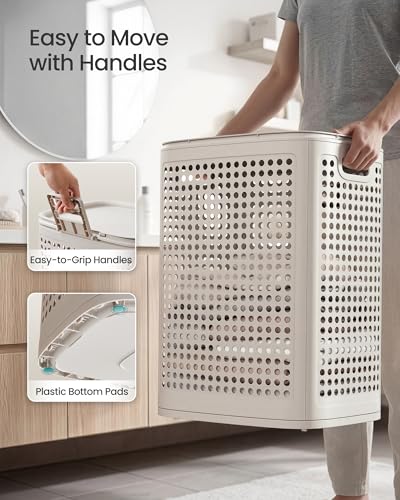 SONGMICS Laundry Hamper with Lid, 75 L Ventilated Basket, Cutout Handles - color: Cappuccino Beige, size: Lid