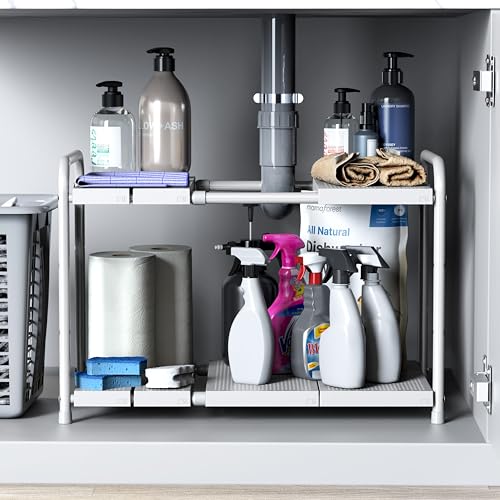 Simple Houseware Under Sink 2-Tier Heavy Duty Expandable Organizer, White - color: White
