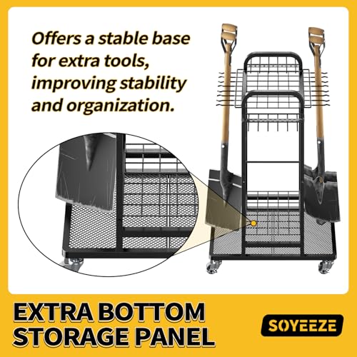 SOYEEZE Garden Tool Organizer with Lockable Wheels, Heavy Duty 3-Tier Yard Tower Tool Rack for Garage, Holds Up to 35 Long-Handled Tools, Garden Tool Cart with 12 Hooks for Tool Organization Storage