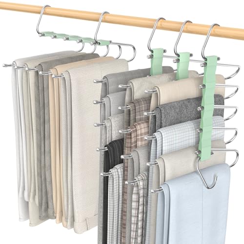 Loretoy 4 Pack Pants Hangers Space Saving, Anti-Slip Multi-Functional Pants Rack, Thickened Stainless Steel Tube, Two Hanging Modes Suitable for Jeans Trousers Skirts Scarf-Green - color: Green, size: 4 Pack