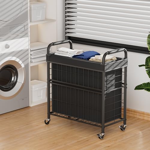 145L Rolling laundry Sorter Hamper Basket 3 Section with Wheels - color: Black, size: 145L
