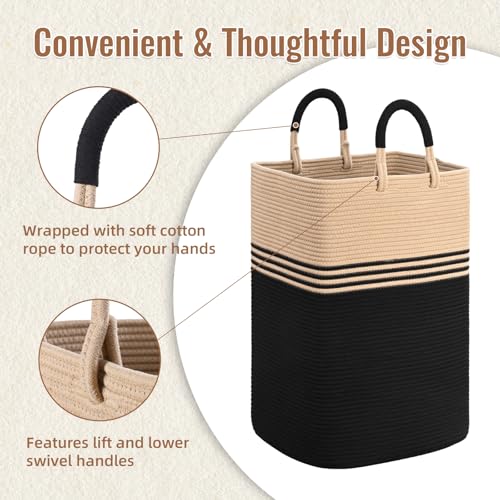 Laundry Basket Hamper,Blanket Storage,Dirty Clothes Hamper with Swivel Handles,Woven Cotton Rope Toy Baskets,Blanket Basket Living Room,Decorative Hampers for Nursery,Bedroom,Brown & Black,100L - color: Brown & Black, size: 100L