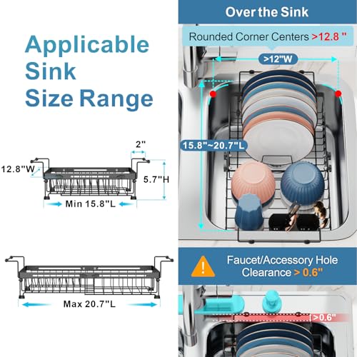 iSPECLE Expandable Dish Drying Rack for Large Kitchen Sink, eavy Duty Adjustable Over Sink Dish Drainer with Square Corners, Rust Resistant with Lock Knob, Fit for Modern Single & Double Sinks, Black - color: Black, size: 12.8"W | Fits Sink 15.8"-20.7"L