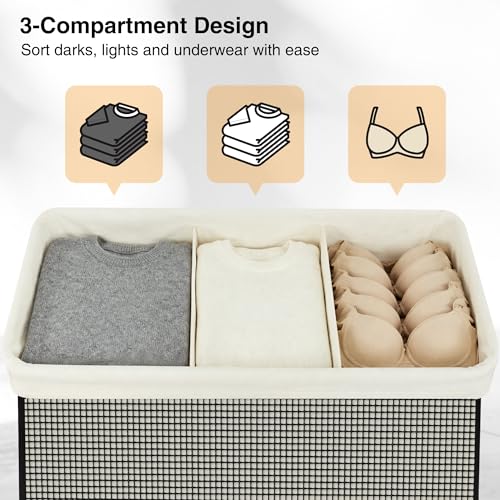 STO STO 3 Section Laundry Hamper with Lid, 180L Steel-Frame 3 Compartment Laundry Sorter with Removable Washable Liner, Breathable Large Laundry Basket for Bedroom, Bathroom, Laundry Room, Dorm - size: 3-Section