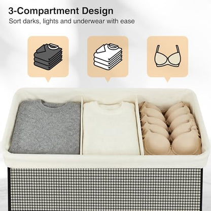 STO STO 3 Section Laundry Hamper with Lid, 180L Steel-Frame 3 Compartment Laundry Sorter with Removable Washable Liner, Breathable Large Laundry Basket for Bedroom, Bathroom, Laundry Room, Dorm - size: 3-Section