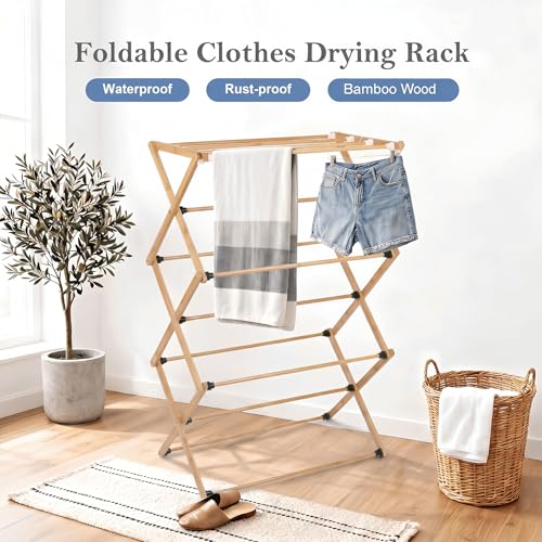 FJO Foldable Bamboo Clothes Drying Rack, 3-Tier Collapsible Laundry Clothes Hanger, Portable Wooden Drying Rack, Space Saving Indoor Outdoor, 28'' D x 15'' W x 39.3'' H, Beige
