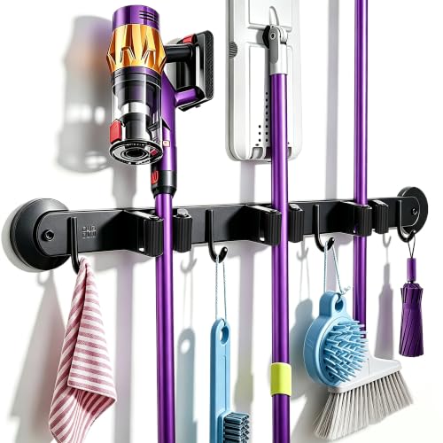 Magnetic Broom Holder Wall Mount - Heavy Duty Non-Slip Mop Hanger with 4 Hooks And 3 Rack, No Drill Tool Organizer for Refrigerator,Garage,Laundry Room (Black, 3Racks 4Hooks)