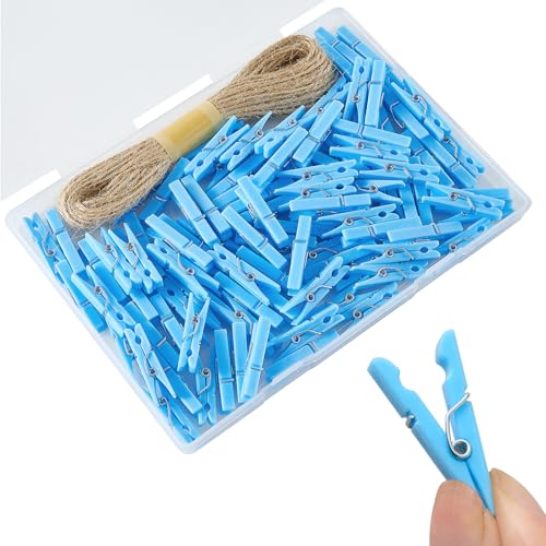 100 Pcs Baby Shower Clothespins 1.4 Inch Blue Mini Plastic Clothes pins with 33 Ft Jute Twine, Small Tiny Clothes Pins for Boy Baby Shower Games, DIY Crafts Photos Decorations - color: Blue