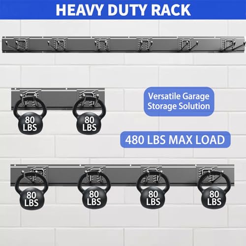 Garage Tool Organizer Wall Mount, 48 Inch Heavy Duty Garden Tool Organizer Storage System, Easy Install with 6 Adjustable Straight Hooks, for Garage, Basement, Shed, Workshop, Black, Steel - size: 48" - 6 Straight Hooks