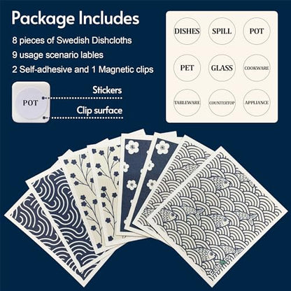 Eulnars Swedish Dishcloths for Kitchen, 8 Pack Japanese Pattern Reusable Paper Towels with Clips, Non-Scratch Swedish Dish Towels, Super Absorbent Cellulose Dish Cloths, No Odor - color: Japanese