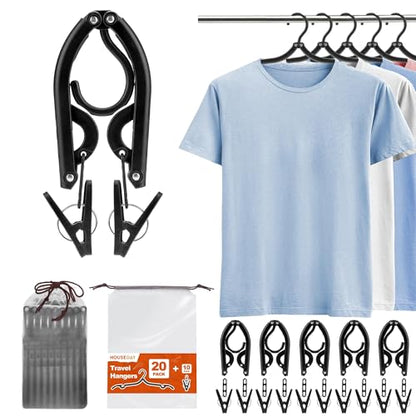 HOUSE DAY Black Travel Hangers with Clips, 20 Pack Foldable Clothes Hangers - color: Black, size: 20 Pack + 10 x Clips + 2 x Storage bag