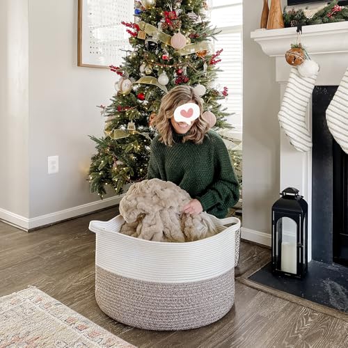 INDRESSME XXXLarge Woven Rope Blanket Basket Living Room Brown, 90L - color: White & Brown, size: 21.7"D x 13.8"H