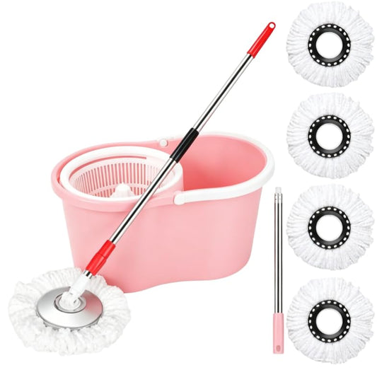 Pink Spin Mop and Bucket with Wringer Set 360 Rotating Mop 3 Mop Refills