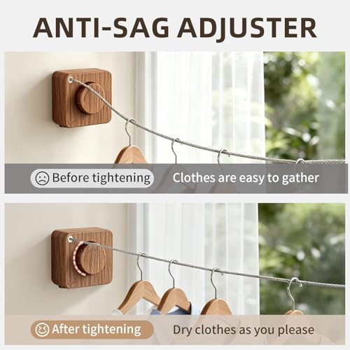 Anti-Sag Retractable Clothesline 40LB Capacity - 201in Stainless Steel Laundry Line for Indoor Outdoor, Wall Mounted Space Saving Easy Install (Wood Grain, Single line) - color: Wood Grain, size: Single line