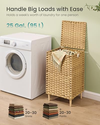 SONGMICS Laundry Hamper with Lid, PE Rattan, 25 Gallons (95 L) - color: Goose Yellow, size: 95 L (1 Basket）