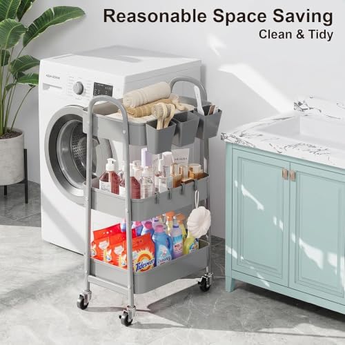 3 Tier Gray Metal Rolling Cart, Storage Cart with Handle & Lockable Wheels - color: Calm Gray, size: 3 tier