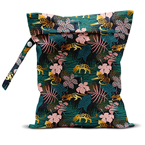 Wet Dry Bag, Wet Bag for Swimsuit, Travel, Beach, Pool, Diapers, Dirty Gym Clothes, Makeup Bag, Camping Accessories, Waterproof Reusable Jungle Tropical Leaves Cheetah Print - color: pink and green